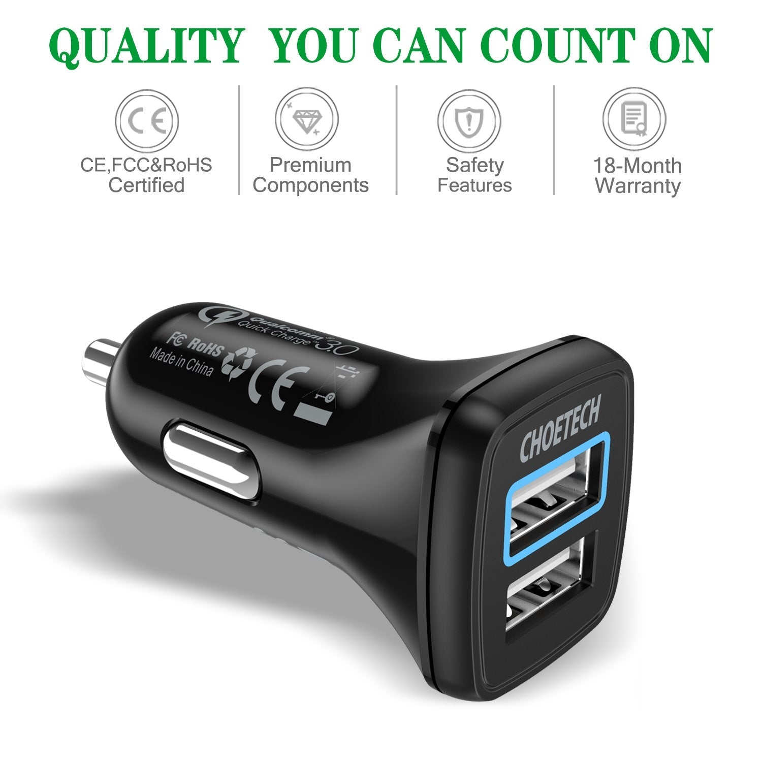 CHOETECH C0051 Quick Charge 3.0 Car Charger with dual USB ports for fast charging in vehicles.